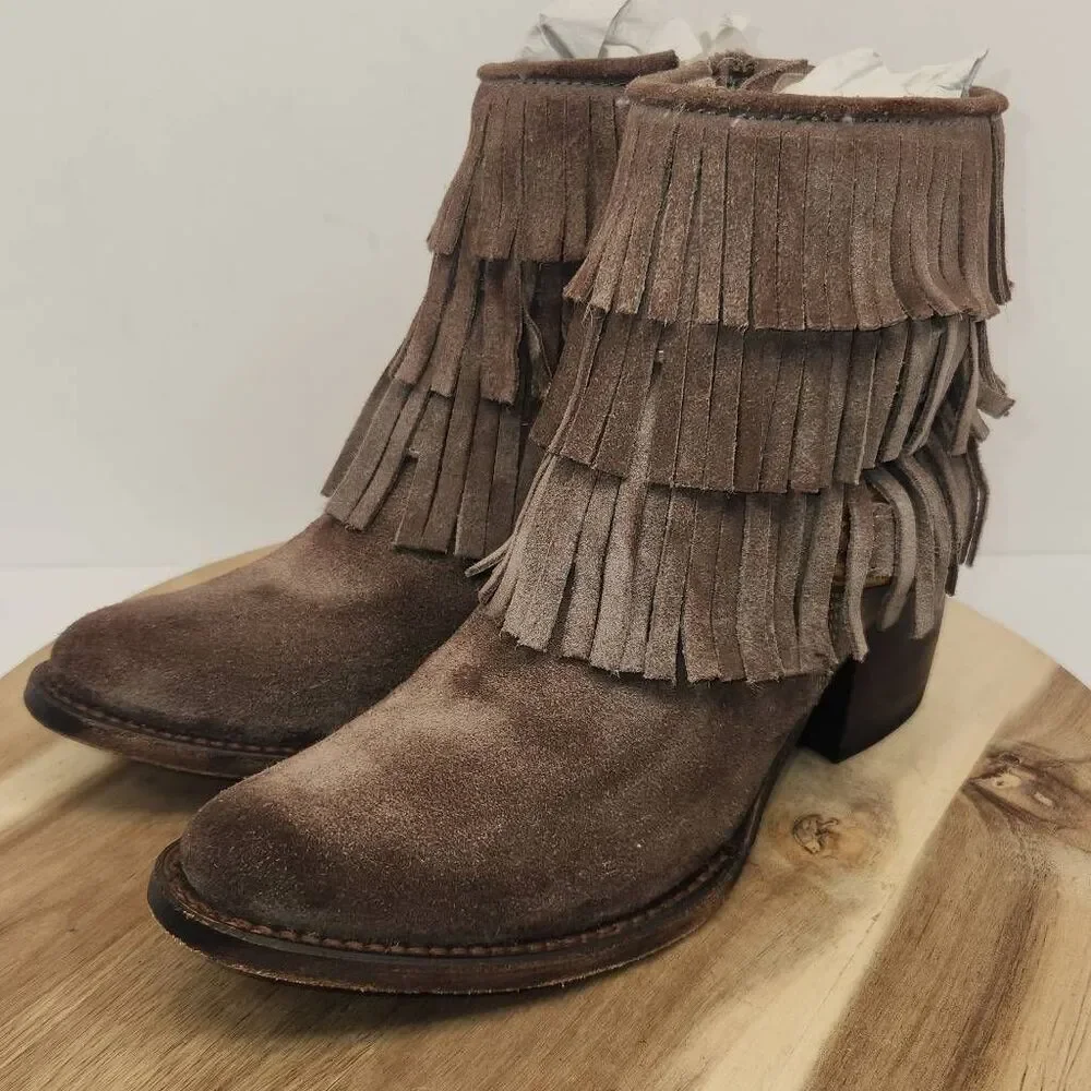 Freebird by Steven Women's Distressed Belle Suede Fringe Booties Size 7 Brown